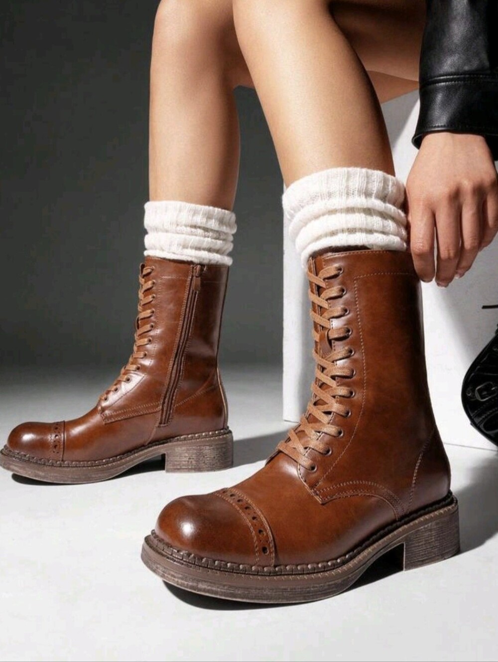 Women's Mid-Calf Boots Fashion Motorcycle Boots Square Toe Lace-Up Riding Coffee - Picture 3 of 8